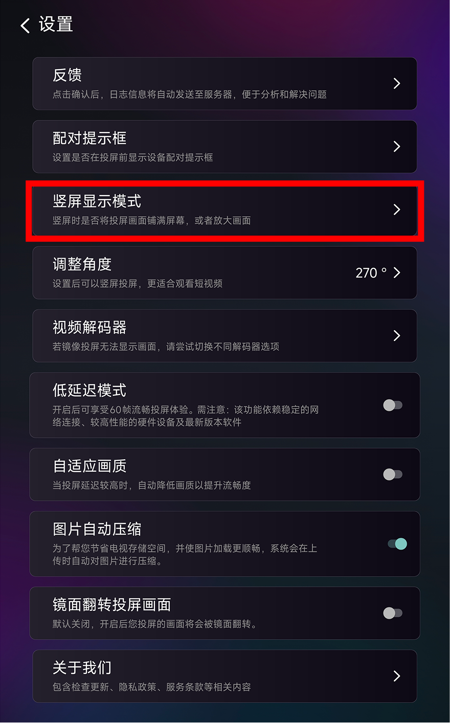 雨燕投屏 设置菜单 — “竖屏显示模式 (Portrait Display Mode)” 选项被红框标出