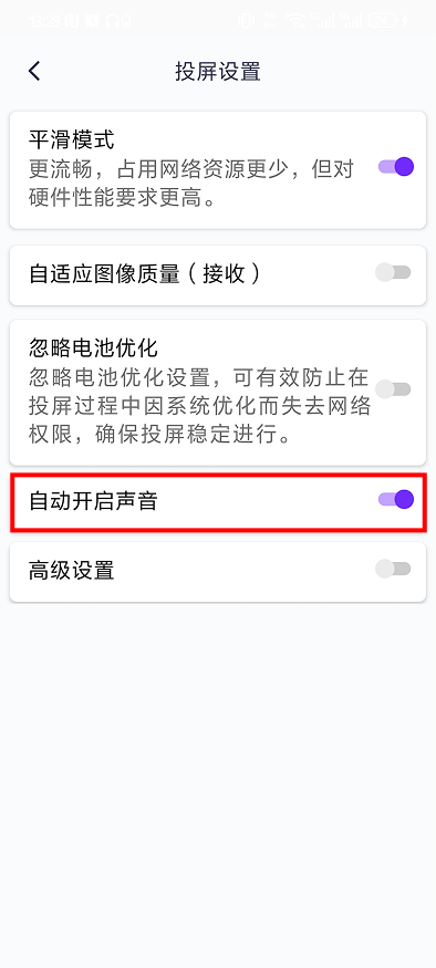 1001 TVs 手机应用 投屏设置 页面有 “自动开启声音”选项