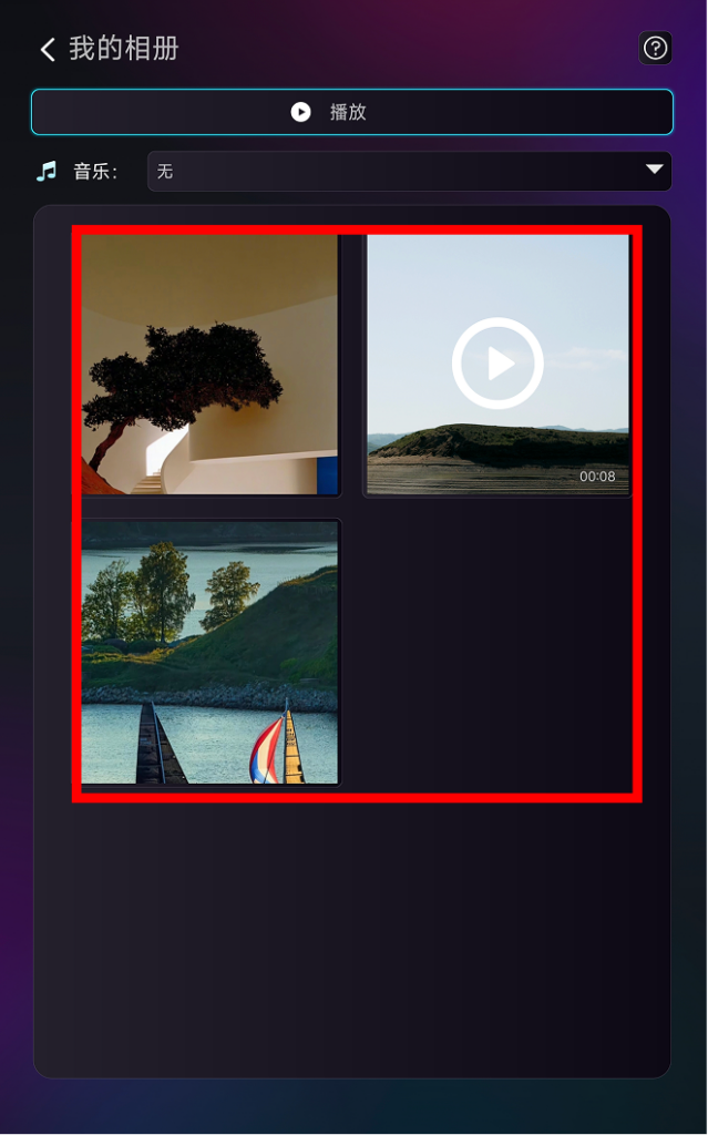 雨燕投屏“我的相册”详情页，显示竖屏照片和视频缩略图，可进行播放或查看。